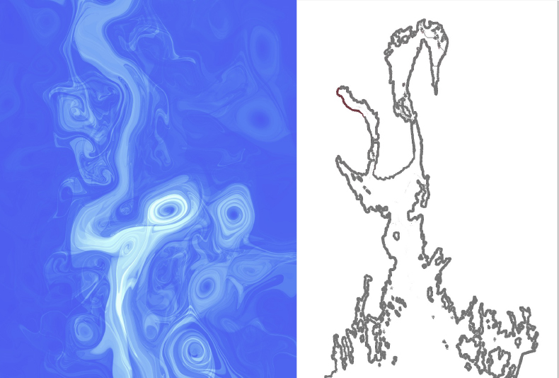 Concept image for Ocean Connections - outline of the Oslofjord next to a mathematical model of Lagrangian descriptors, in blue