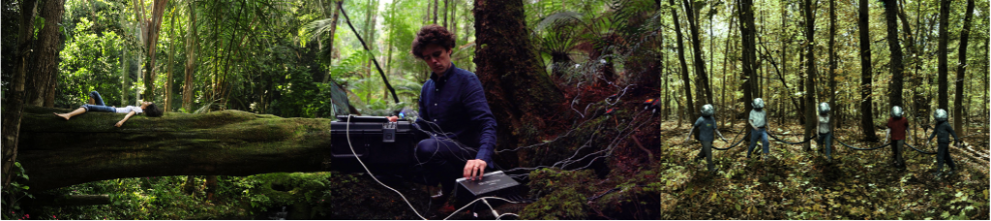 Images of forests and Sam Nester doing field recordings in a forest