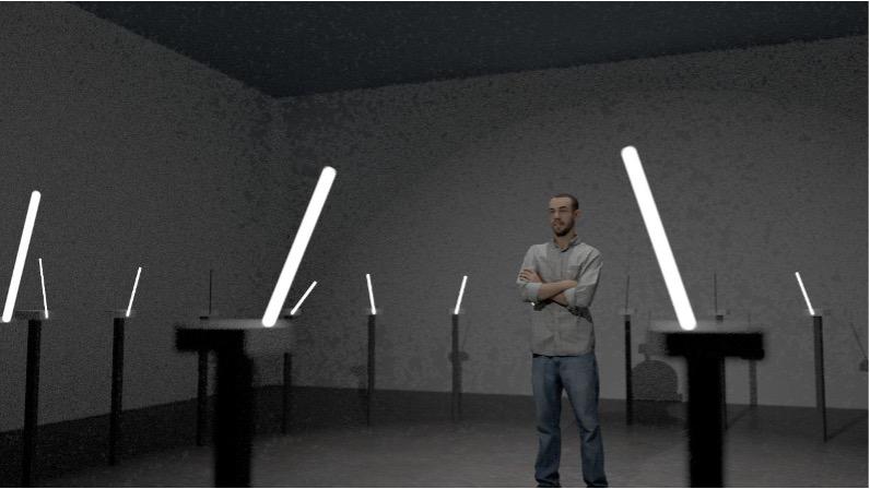 Visual digital rendering of demo tipping point installation - person watching metronomes3