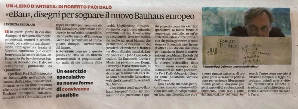 Snippet of article from il manifesto newspaper about the eBAU book - text and image
